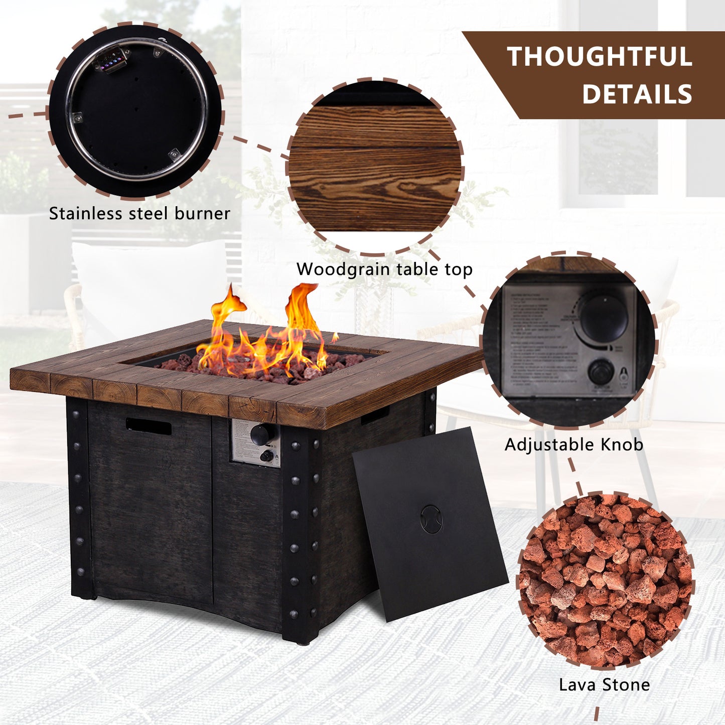 Square, Faux Woodgrain Outdoor Gas Fire Pit Table, 50,000 BTU (34.5" x 34.5" x 23.8")