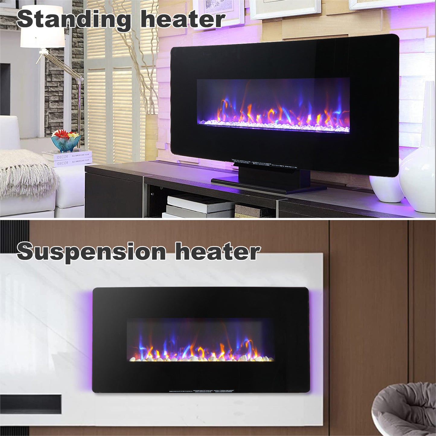 36" Curved Front Electric Fireplace, Freestanding or Wall Mounted with Adjustable Flame Color & Remote Control