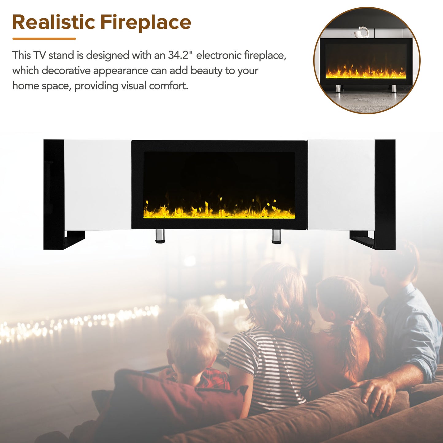 68" Non-heating Electric Fireplace Center, High Gloss Entertainment Center with 34" Electric Fireplace for TVs up to 78", White