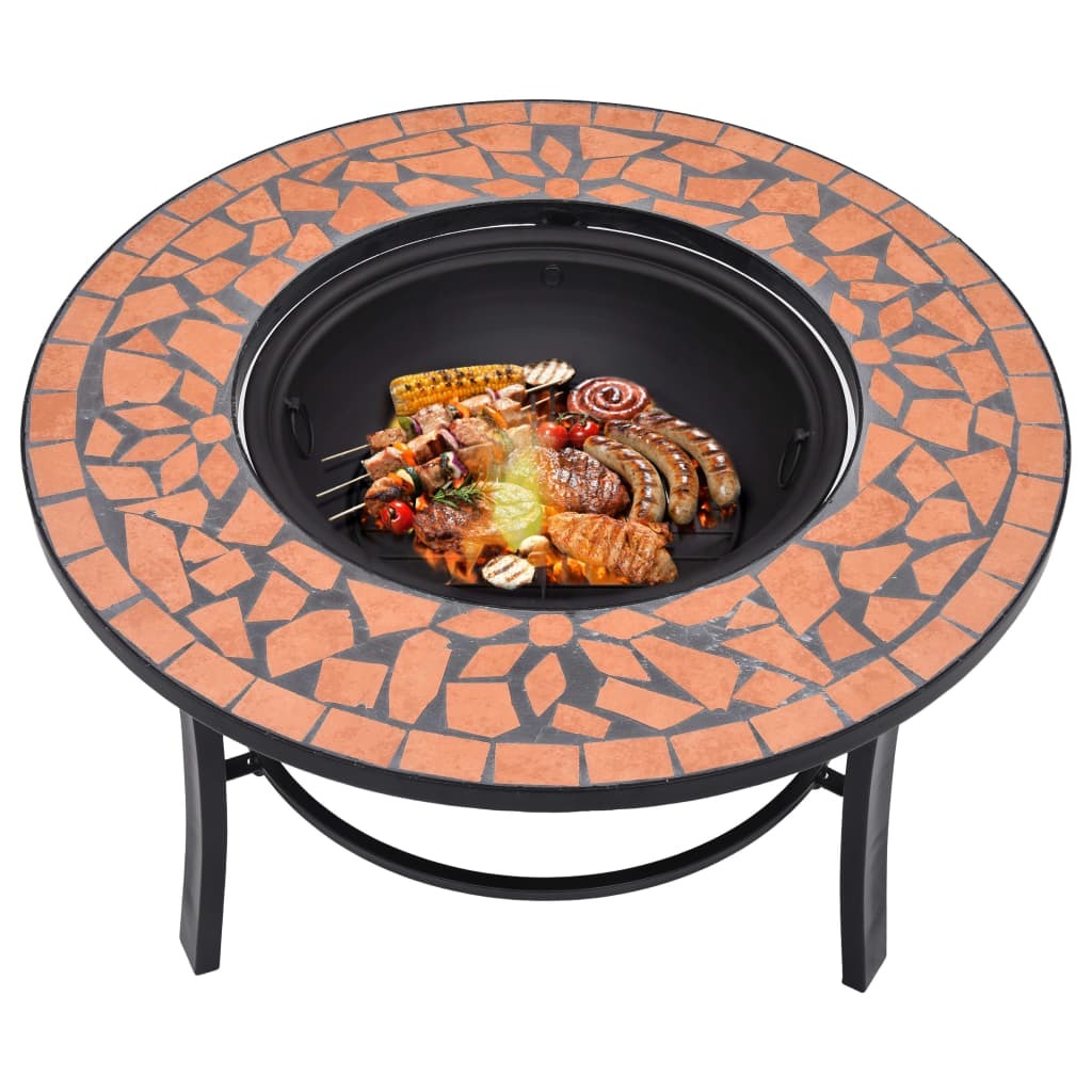 26.8" Mosaic, Terracotta Round Steel & Ceramic Fire Pit Table for Garden & Patio