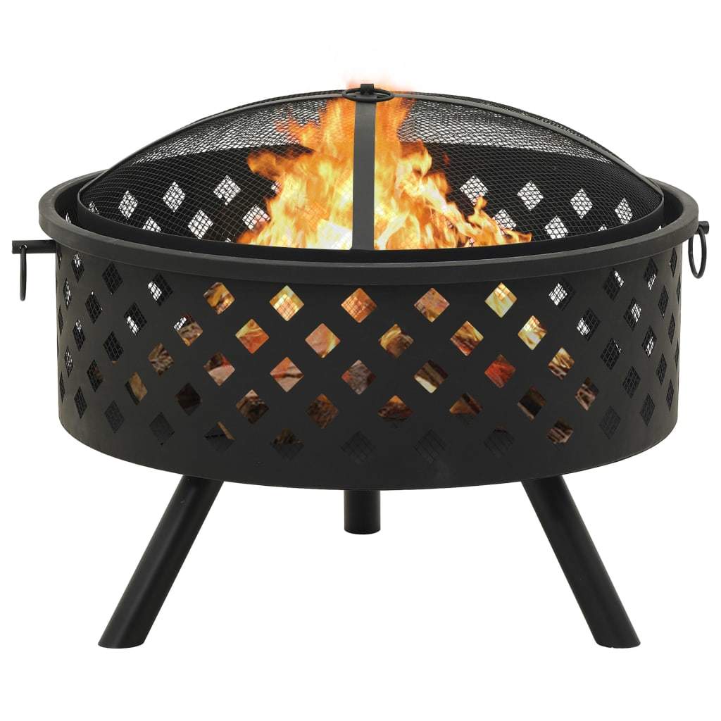 26.8" Decorative XXL Steel Fire Pit with Poker (26.8" x 26.8" x 20.5"), Black