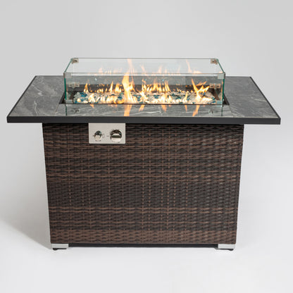 Espresso Wicker Propane Fire Pit Table with Ceramic Tile Top, 50,000 BTU (43.3" W x 26" H x 24.8" D)