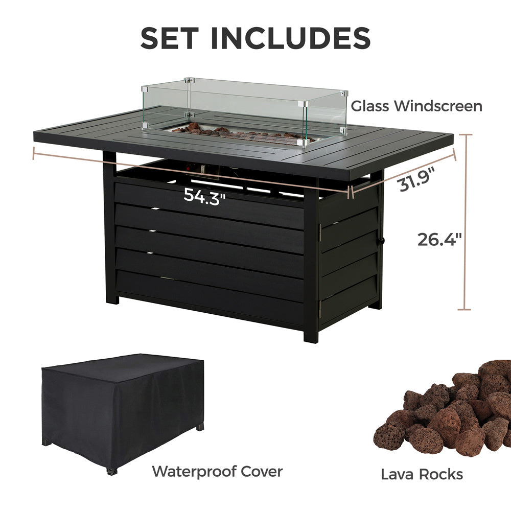 Rectangle Outdoor Aluminum Glass Windbreak Fire Pit Table, Black (54.5" x 32" x 26.5")