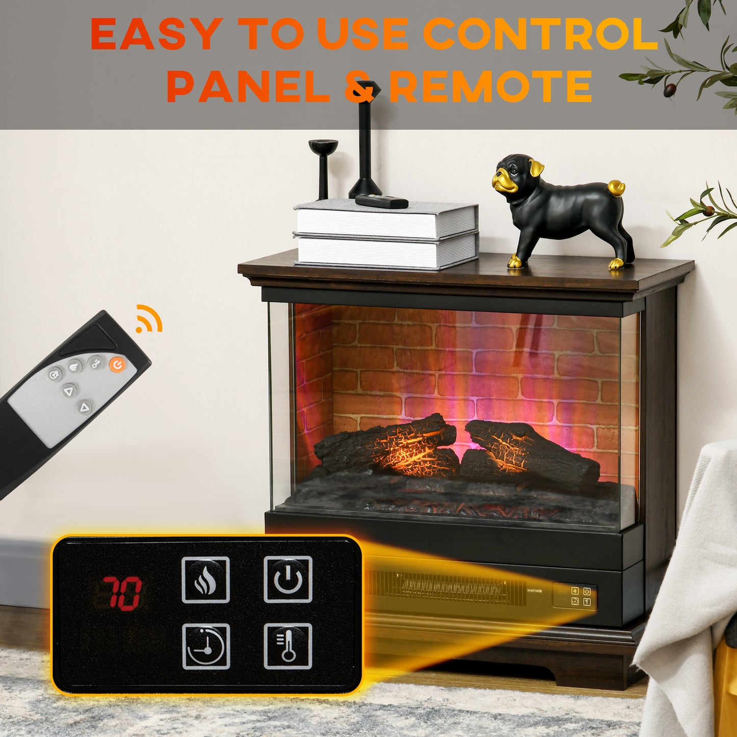 26" Electric Fireplace Stove with Remote Control, 12H Timer, Brown