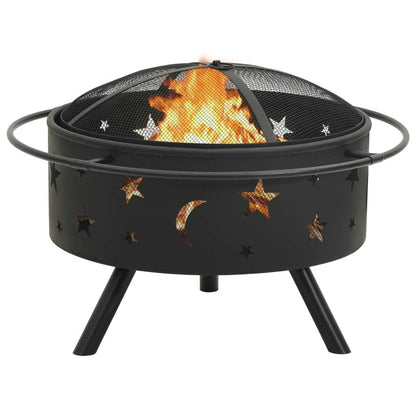 29.9" Moon & Stars XXL Steel Fire Pit with Poker, (29.9" x 29.9" x 20.9"), Black