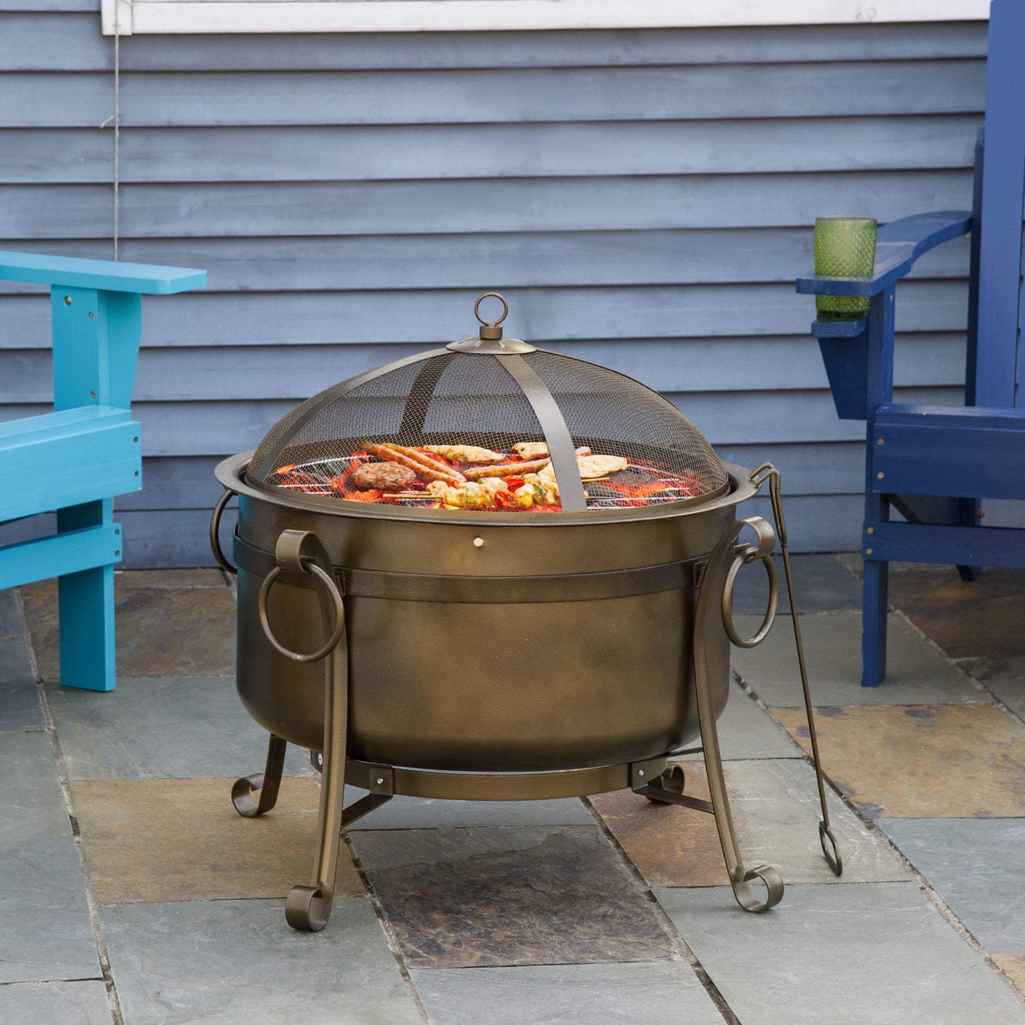 30" Portable 2-in-1 Bronze Cooking Fire Pit with Grill Grate