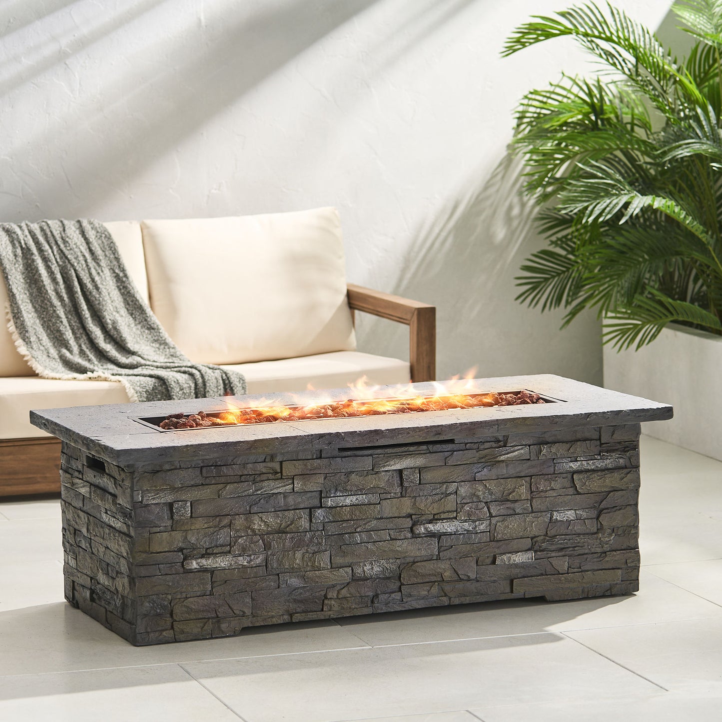 Concrete Fire Table, Rectangle Gas Burning Fire Pit, Grey (56" x 26.25" x 18.75")