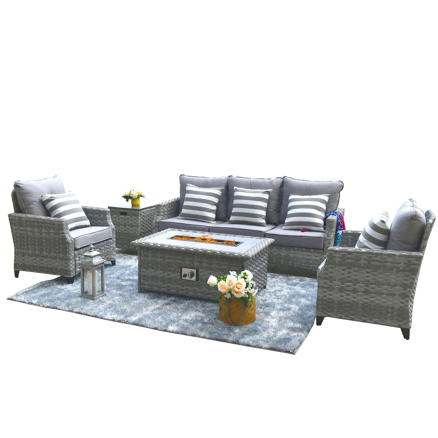 5-Piece Wicker Patio Fire Pit Seating Set with Sectional Sofa & Gray Cushions