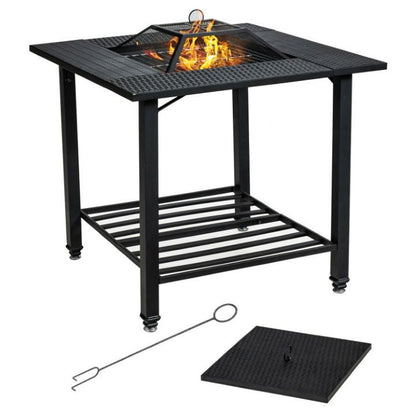 4-in-1 Multifunctional Black, Square Fire Pit Table with Adjustable Grill Grate (31" x 31" x 31")