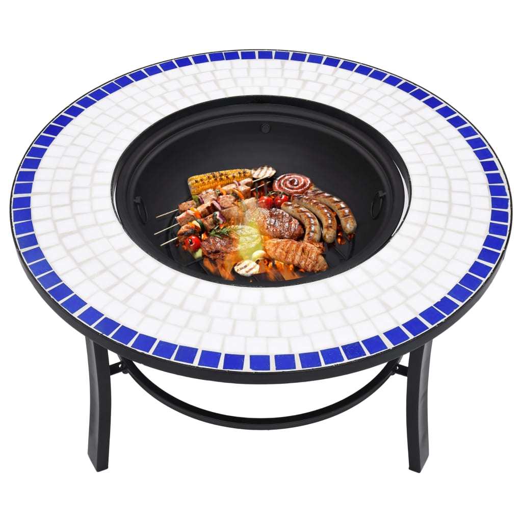 26.8" Blue and White Round Mosaic Fire Pit Table with Ceramic Top, Steel Bowl