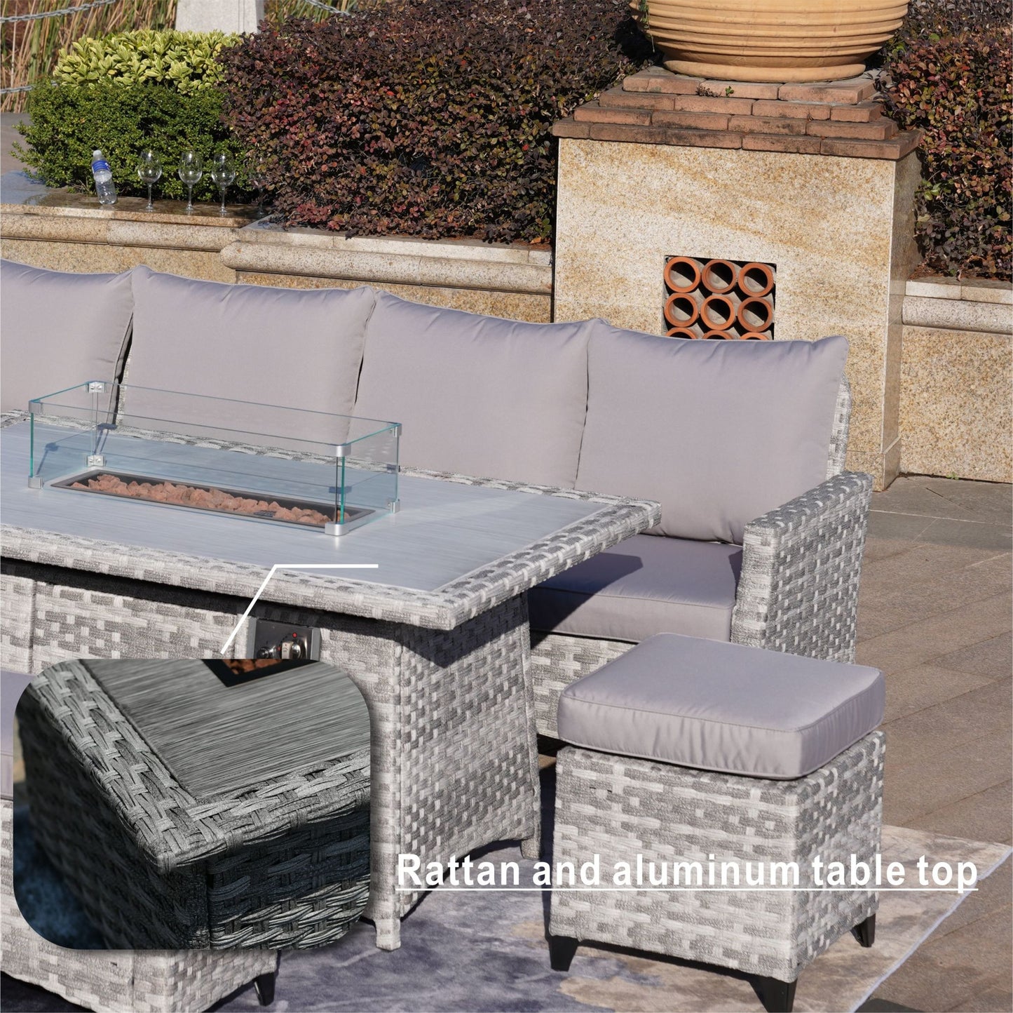 5-Piece Gray Wicker Fire Pit Table and Sofa Set and Ottoman