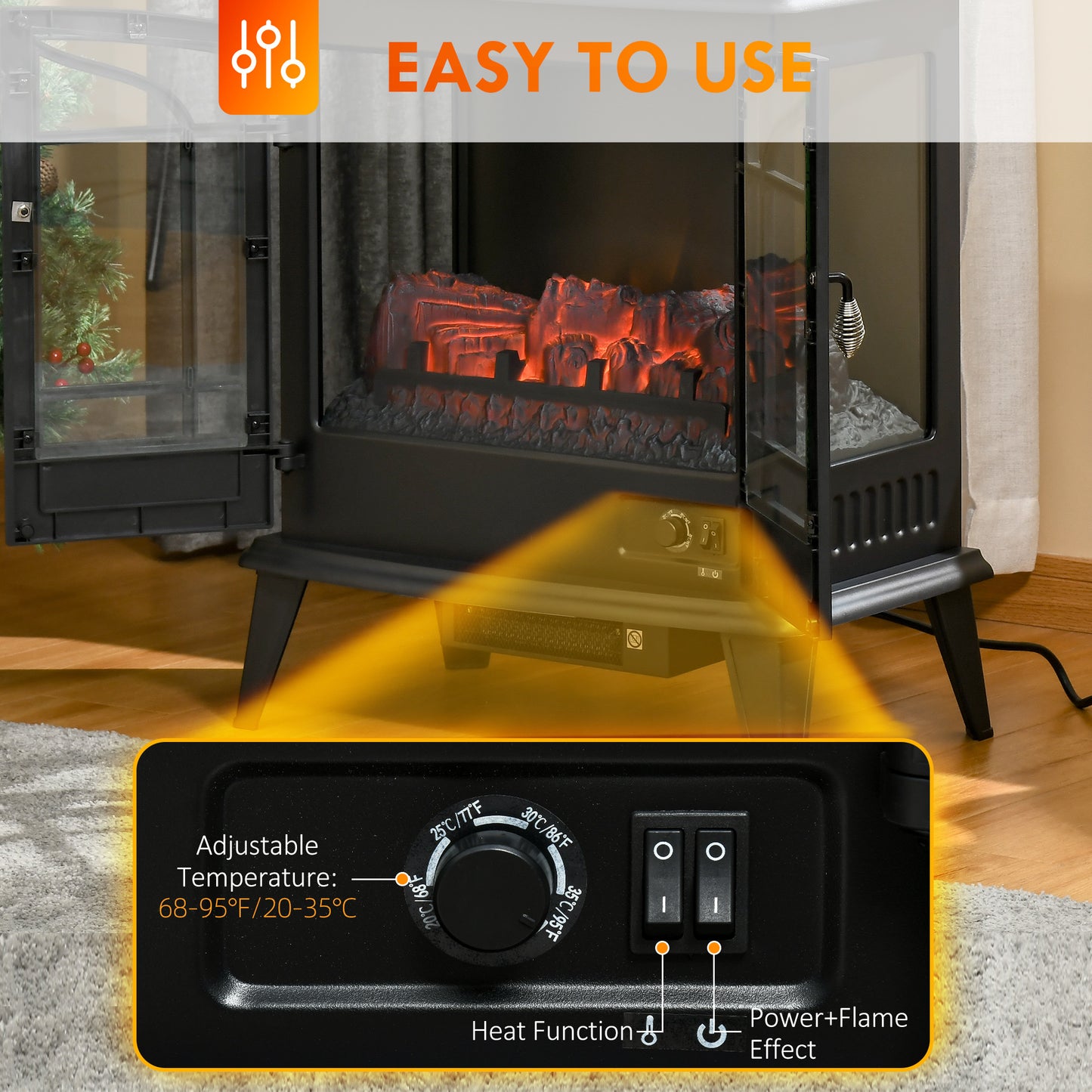 29" Electric Fireplace Heater, Freestanding Stove with Realistic LED Log Flames, Black