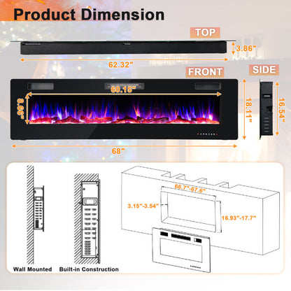 68" Ultra-Thin Electric Fireplace Recessed Wall Mounted with Crystal Log Decoration