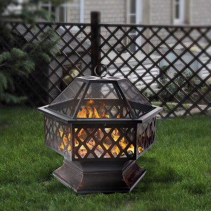 24.4" Black Iron Fire Pit with Grill for Outdoor Cooking