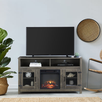 58" Modern Farmhouse TV Stand with Electric Fireplace, Grey