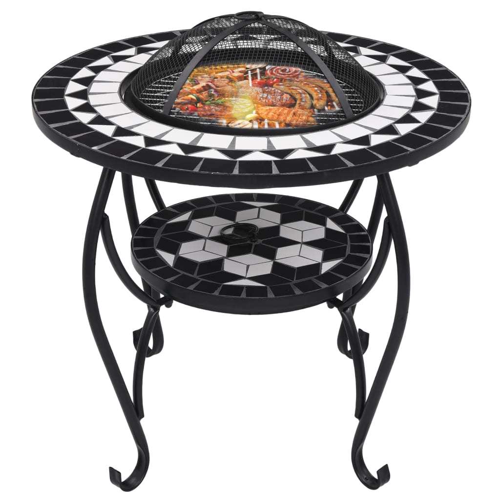 26.8" Black and White Round Mosaic Fire Pit Table with Ceramic Top, Steel Bowl