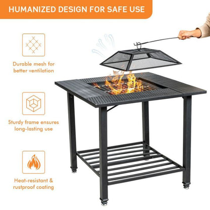 4-in-1 Multifunctional Black, Square Fire Pit Table with Adjustable Grill Grate (31" x 31" x 31")