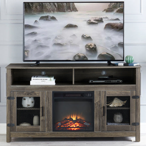 58" Modern Farmhouse TV Stand with Electric Fireplace, Grey