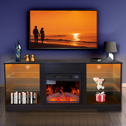 58" Electric Fireplace Center with 18 Inch Electric Fireplace Heater for TVs up to 62 Inches, Adjustable Glass Shelves and Storage Cabinets, Black