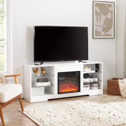 58" Electric Fireplace Center with Glass Shelves, 3D Fireplace with LED Lights, USB Charging, for TV up to 62", White