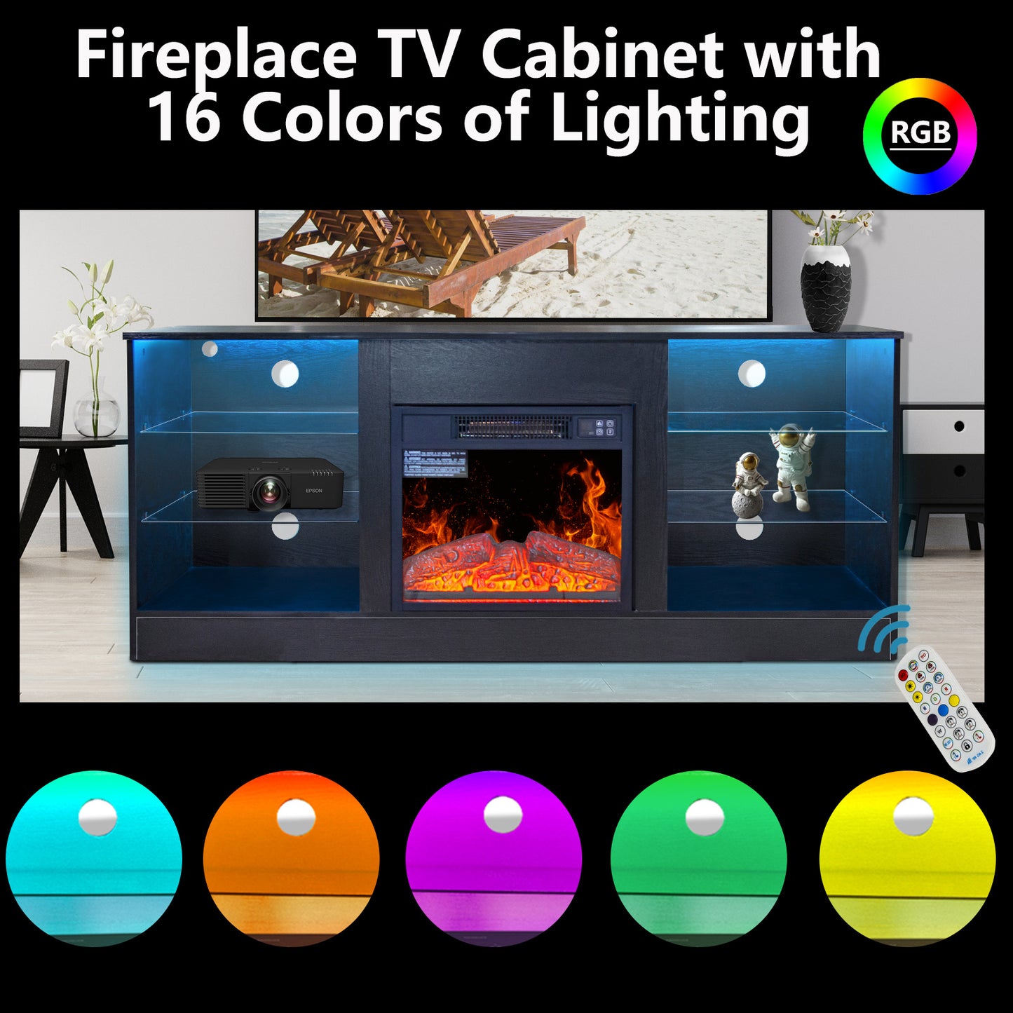 58" Entertainment Center With 18" Electric Fireplace Heater for TVs up to 62", (Black)