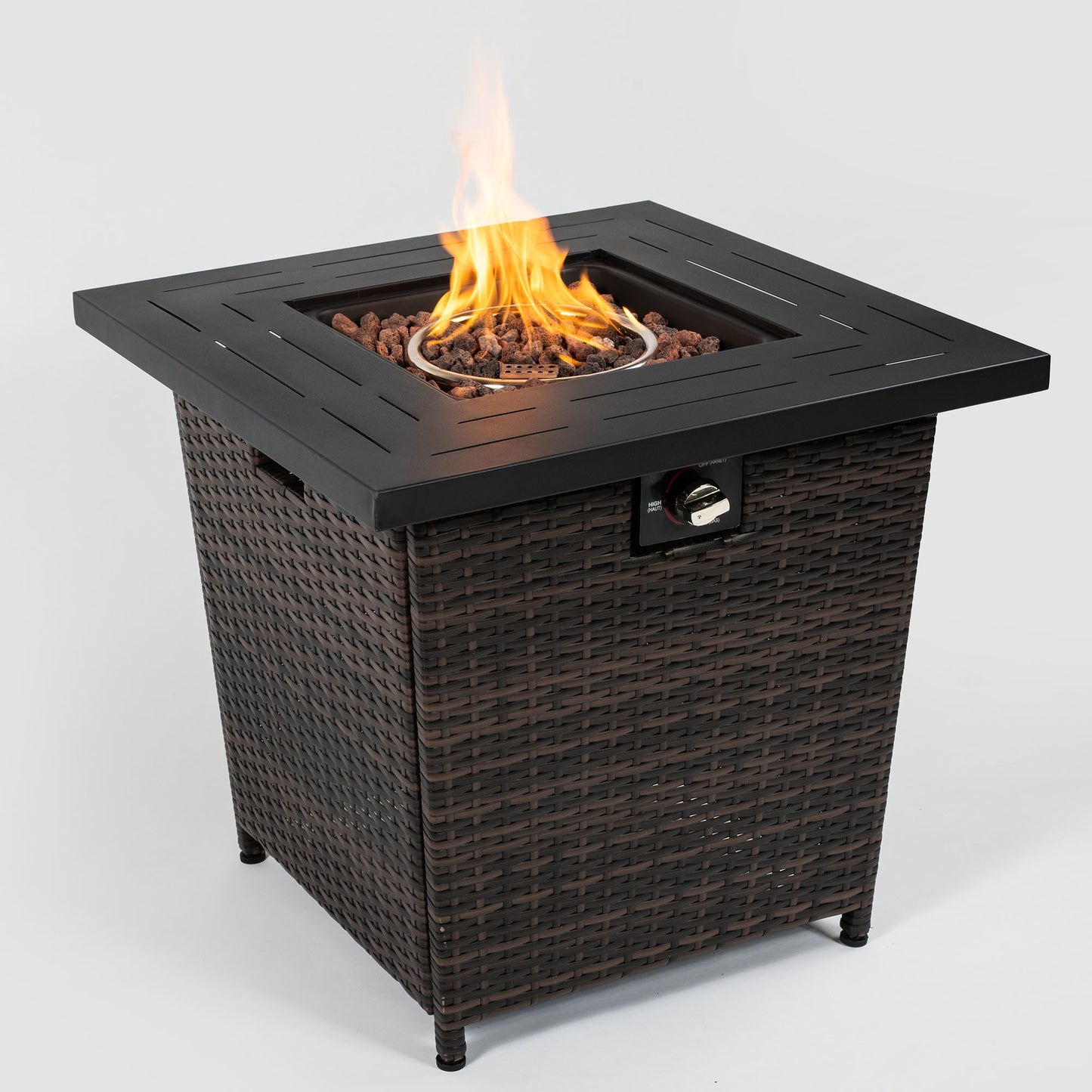 Stylish, Brown Wicker Square Fire Pit Table, 40,000 BTU, Black/Brown (28" x 28" x 24.8")