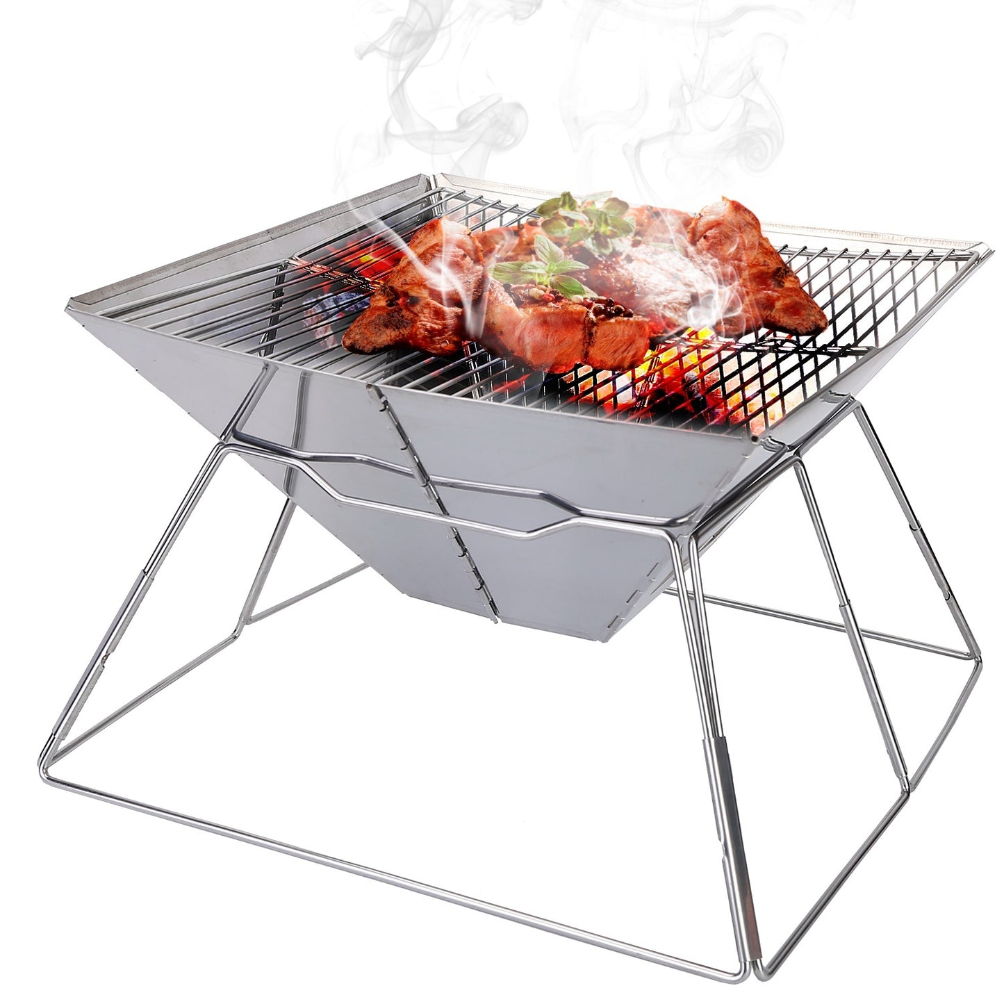 12.8" Foldable Camping Hibachi Grill, Charcoal Campfire Stove Pit (12.8" x 12.8" x 8.46"), Stainless Steel