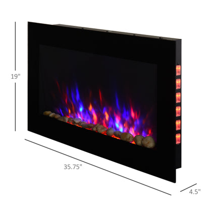 36" Electric Wall-Mounted Fireplace, 1500W with Flame Effect, 7 Color Background Light and Side Light, Black