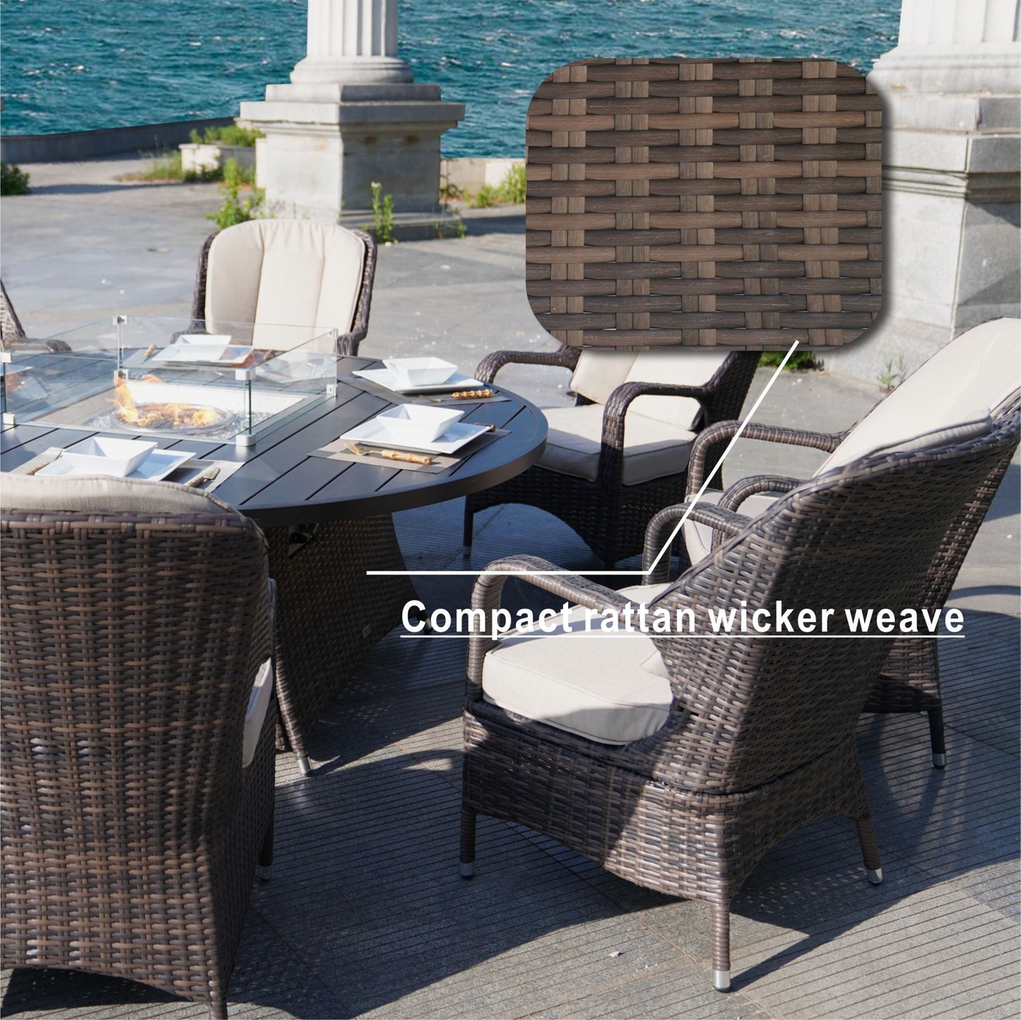 9 Piece Patio Wicker Gas Fire Pit Set With Wicker Arm Chairs