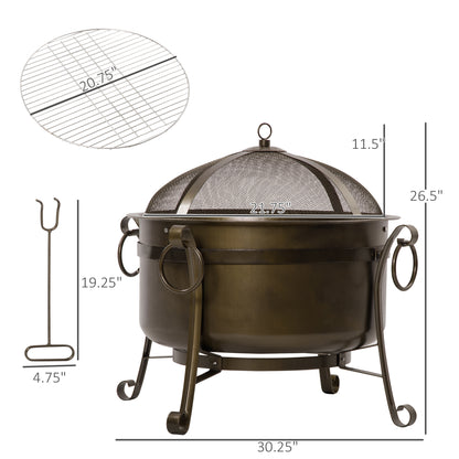 30" Portable 2-in-1 Bronze Cooking Fire Pit with Grill Grate