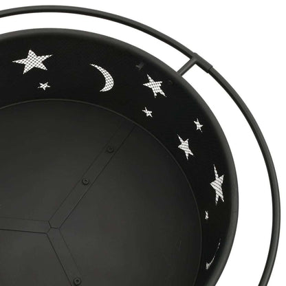 29.9" Moon & Stars XXL Steel Fire Pit with Poker, (29.9" x 29.9" x 20.9"), Black