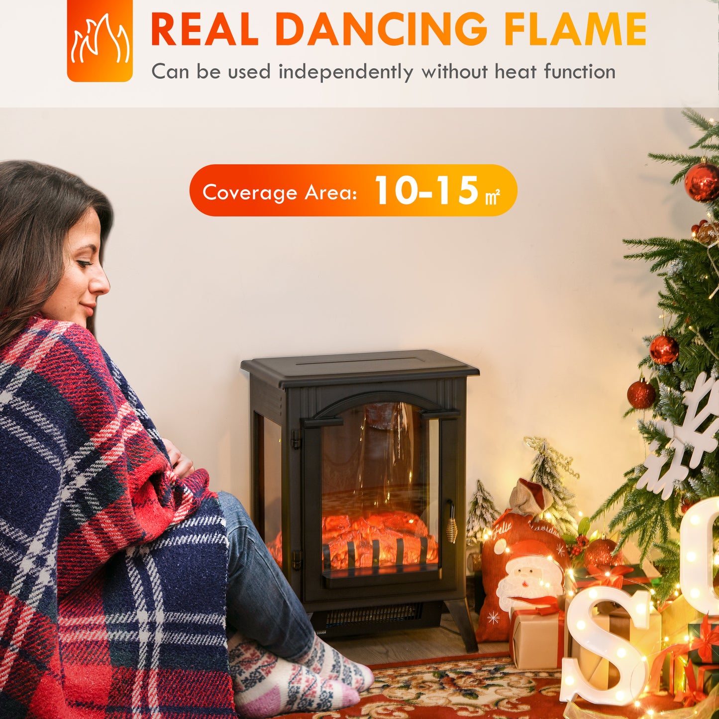 23" Electric Fireplace Heater with Realistic LED Flames and Logs, Overheating Protection, 750W/1500W, Black