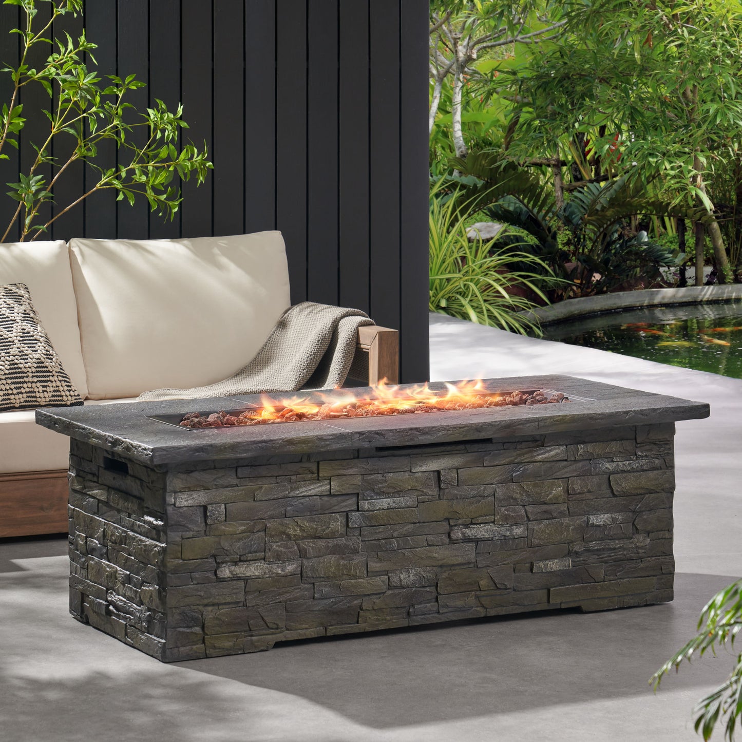 Concrete Fire Table, Rectangle Gas Burning Fire Pit, Grey (56" x 26.25" x 18.75")