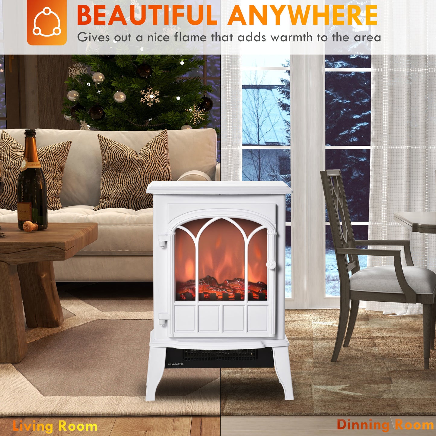 22" Electric Fireplace Stove, Freestanding Fire Place Heater with Realistic Logs and LED Flame, Adjustable Temperature, Overheat Protection, 750W/1500W, White