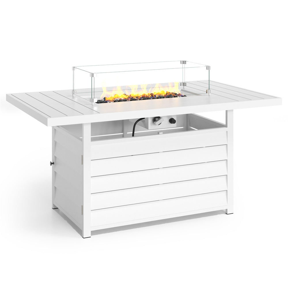 White Rectangle Outdoor Aluminum Glass Windbreak Fire Pit Table (54.5" x 32" x 26.5")