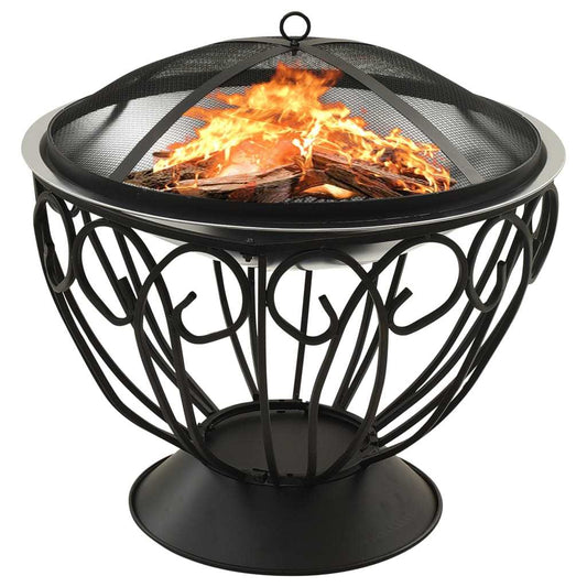 23.2" 2-in-1 Stainless Steel Cooking Fire Pit with Mesh Cover (23.2" x 23.2" x 23.6"), Black/Silver