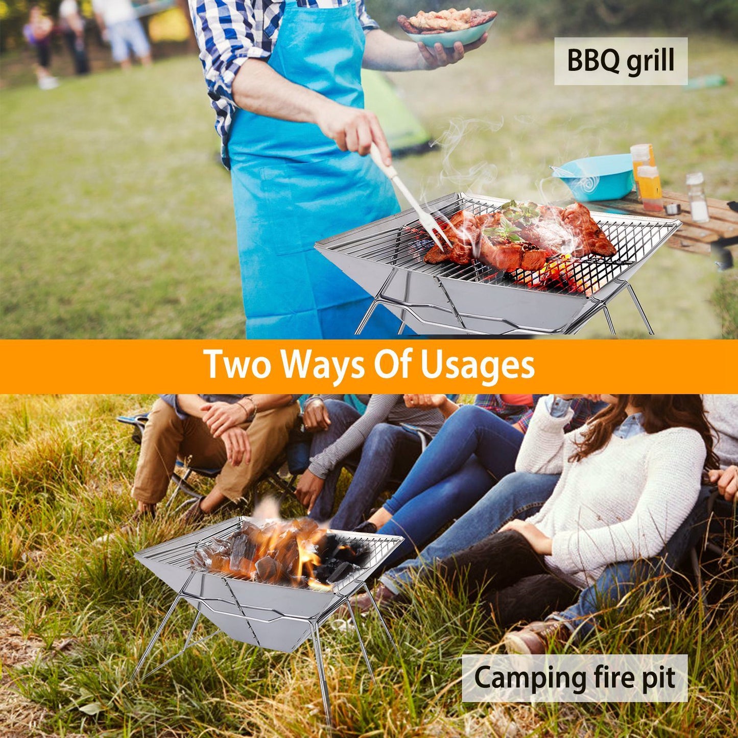 12.8" Foldable Camping Hibachi Grill, Charcoal Campfire Stove Pit (12.8" x 12.8" x 8.46"), Stainless Steel