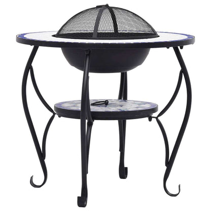 26.8" Blue and White Round Mosaic Fire Pit Table with Ceramic Top, Steel Bowl