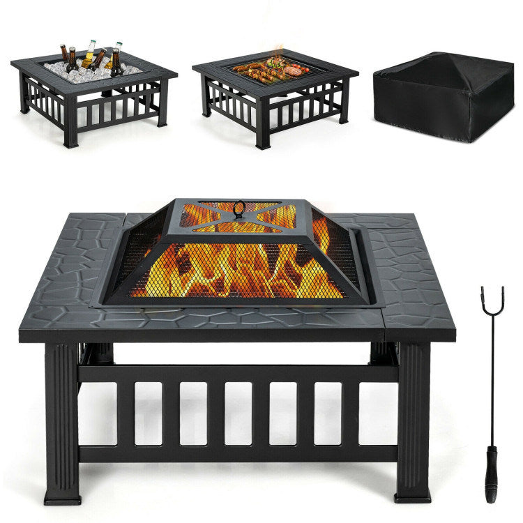 3 in 1 Outdoor Square Fire Pit Table with BBQ Grill and Rain Cover for Camping (32" x 32" x 19.5")