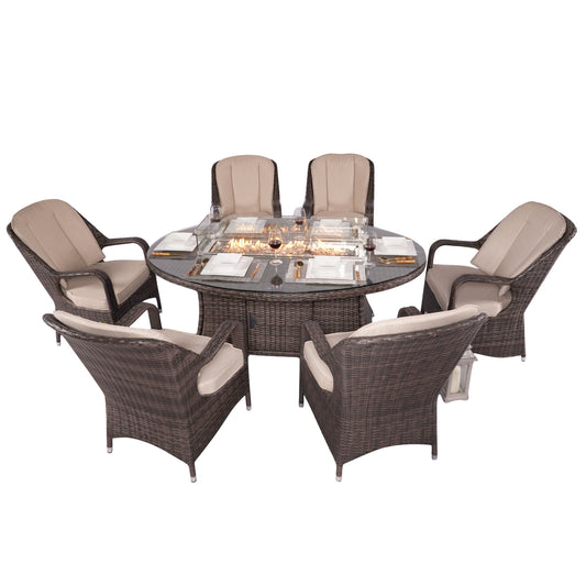 7-Piece Outdoor Patio Wicker Gas Fire Pit Dining Set with Arm Chairs