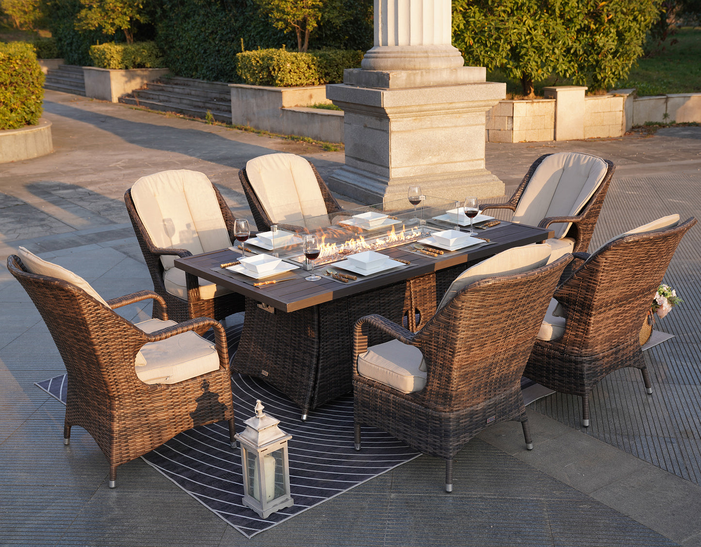 6-Seat Patio Fire Pit Dining Set with Rattan Chairs and Rectangular Aluminum Table