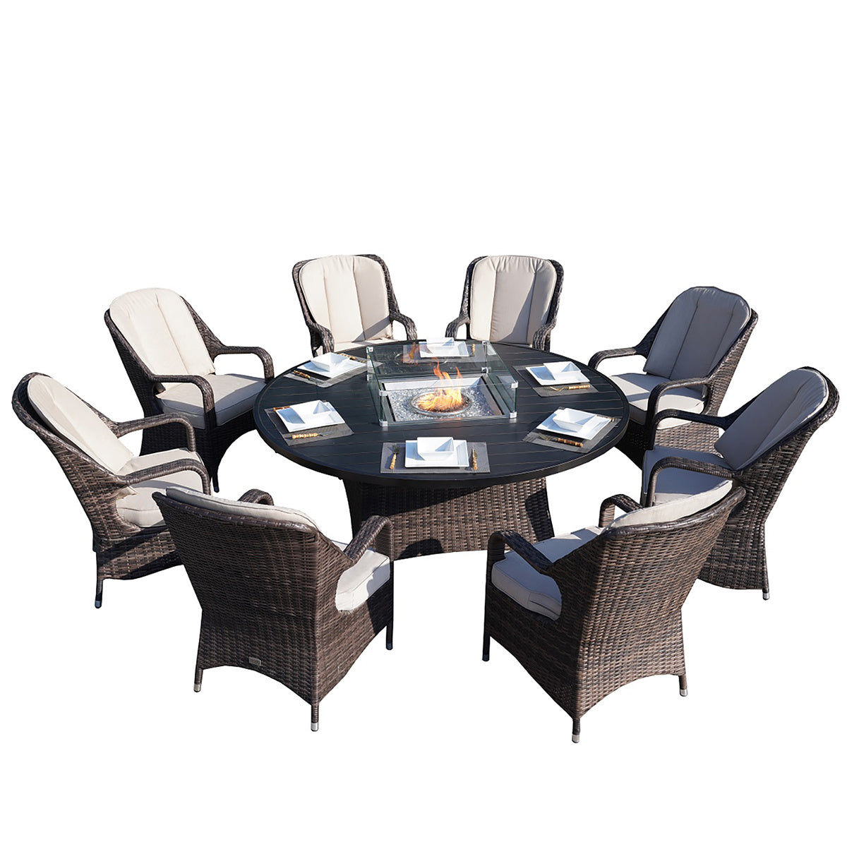 9 Piece Patio Wicker Gas Fire Pit Set With Wicker Arm Chairs