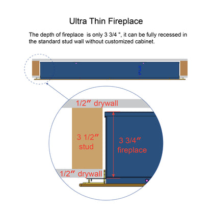 50" Recessed Ultra-Thin Electric Fireplace with Remote and Multi-Color Flame