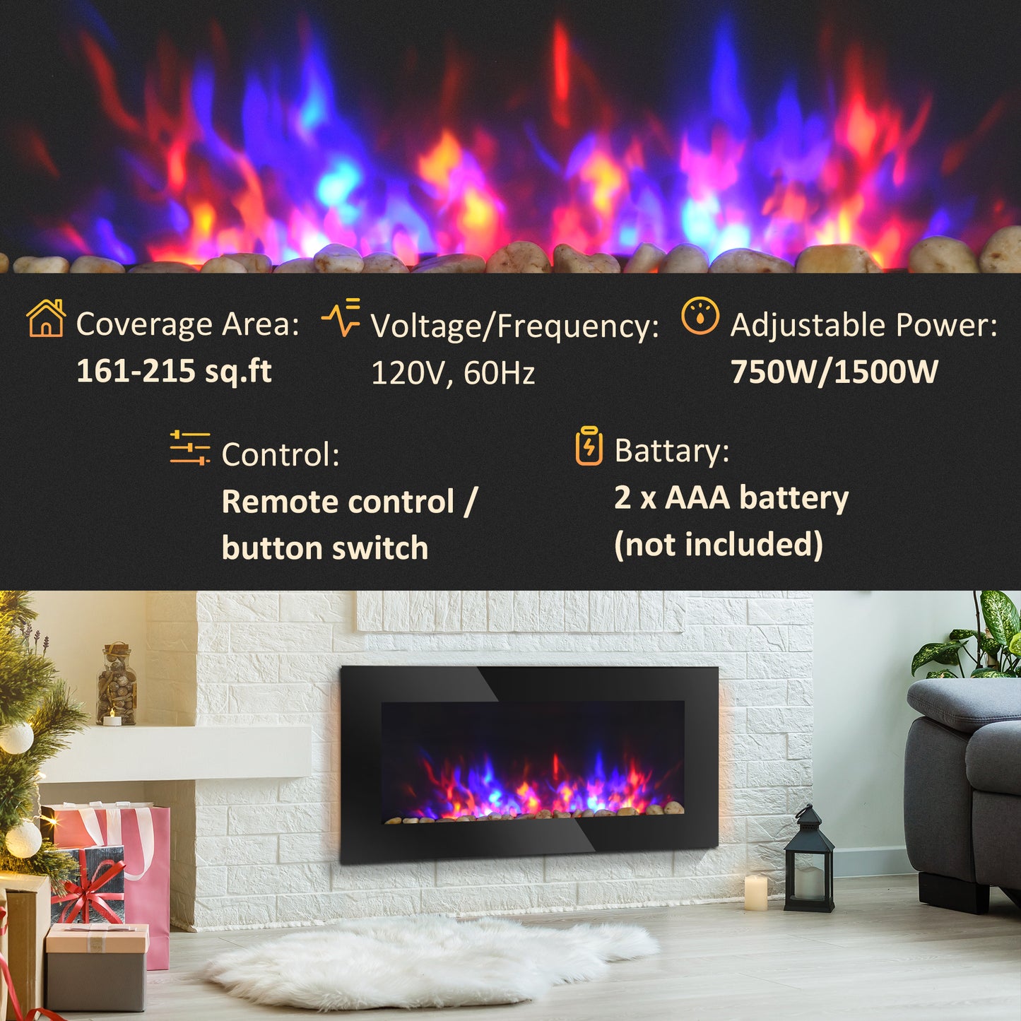 36" Electric Wall-Mounted Fireplace, 1500W with Flame Effect, 7 Color Background Light and Side Light, Black