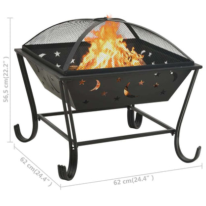 24.4" Moon & Stars XXL Steel Fire Pit with Poker (24.4" x 24.4" x 22.2"), Black