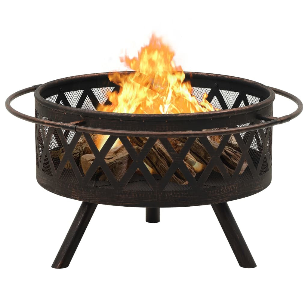 29.9" Rustic Fire Pit with Poker XXL Steel (29.9" x 29.9" x 20.9"), Black/Brown