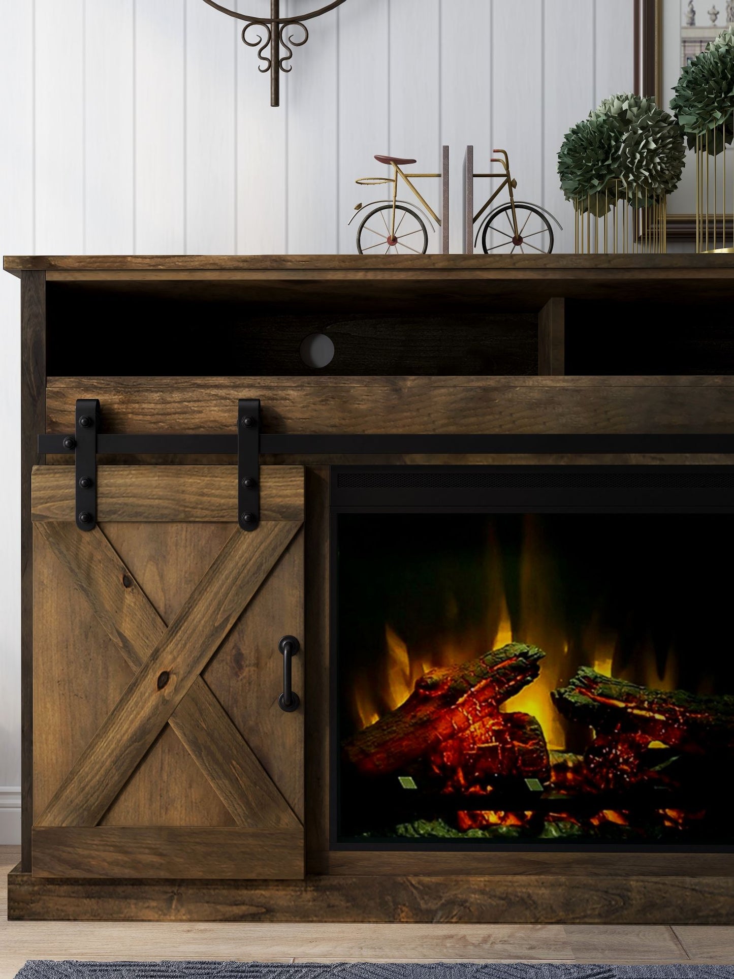 66" Electric Fireplace Center for TVs up to 80 inches, Minimal Assembly, Barnwood Finish