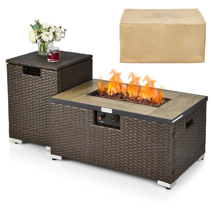 Propane Rattan Fire Pit Table Set with Side Table Tank, 40,000 BTU, Brown (32" W x 20" D x 16" H)