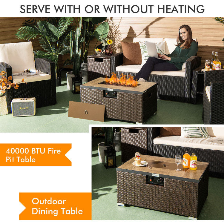 Propane Rattan Fire Pit Table Set with Side Table Tank, 40,000 BTU, Brown (32" W x 20" D x 16" H)