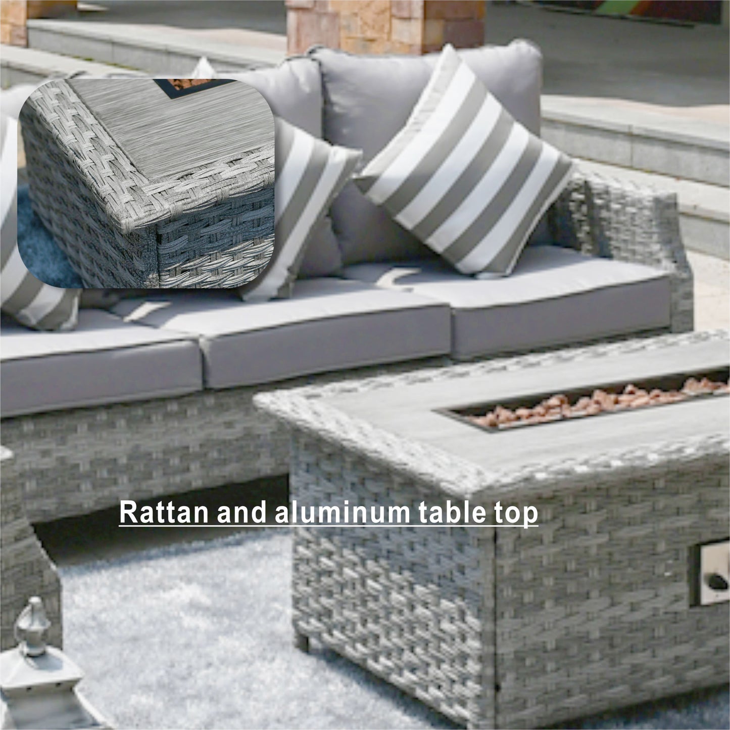 5-Piece Wicker Patio Fire Pit Seating Set with Sectional Sofa & Gray Cushions